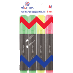 Набор маркеров-выделителей "Attomex" (04 цв - желт, зел, гол, роз) плоский корпус с клипом, скошенный наконечник, ширина линии 1-4 мм, в пластиковом блистере