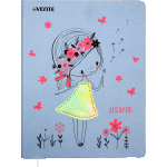 Дневник "deVENTE. Girl with flowers" универсальный блок, офсет 1 краска, белая бумага 80 г/м2, твердая обложка из искусственной кожи, шелкография, аппликация, цветной форзац, 1 ляссе