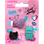 Набор значков "Cat Lady" эмалированные, размер изделий: сердце 2,3x2,1 см, мордочка 1,8x1,8 см, кот 2,9x1,9 см, на карточке 7,0x9,5 см с пластиковым пакетом