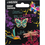 Набор значков "Neon Butterfly" эмалированные, размер изделий: бабочка 2,8x1,9 см, колибри 3,3x2,5 см, стрекоза 3,3x2,5 см, на карточке 7,0x9,5 см с пластиковым пакетом