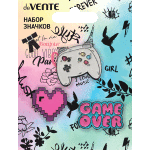 Набор значков "deVENTE. Game over" эмалированные, размер изделий: Game over 3,6x2,2 см, сердце 2,9x2,8 см, джойстик 3x2,6 см, на карточке 7,0x9,5 см с пластиковым пакетом