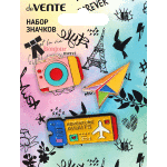 Набор значков "deVENTE. Adventure awaits" эмалированные, размер изделий: билетик 2,8x1 см, самолетик 2,75x1,5 см, камера 2,49x1,8 см, на карточке 7,0x9,5 см с пластиковым пакетом