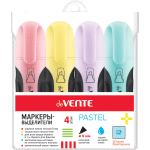 Набор маркеров-выделителей "deVENTE. Pastel" (04 цв - пастельные желт, роз, фиал, бирюз) плоский корпус, скошенный наконечник, ширина линии 1-5 мм, в пластиковом блистере