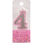 Свеча-цифра для торта "deVENTE. Розовая принцесса" 4, размер свечки 5,8x3,8x0,8 см с серебряным рисунком, в пластиковой коробке с подвесом